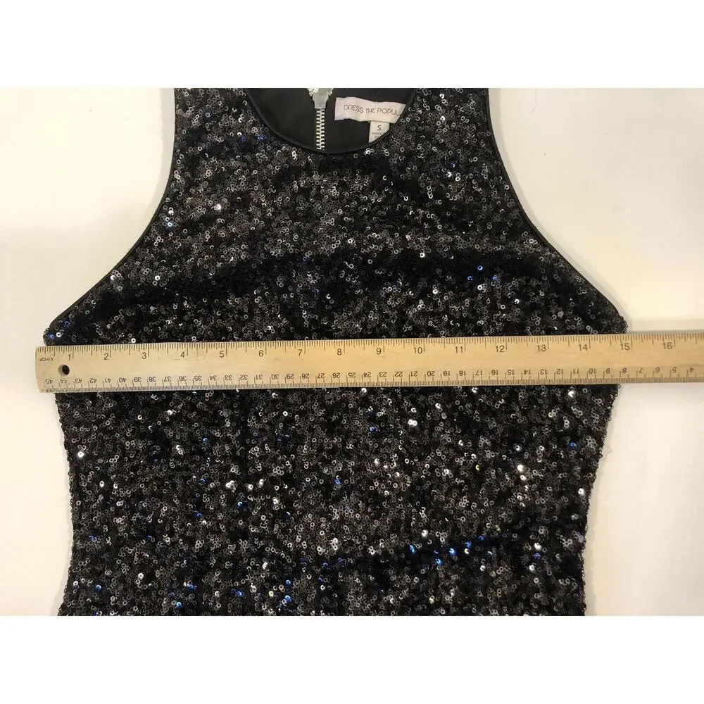 Dress the Population Black Sequined Cocktail Dress Exposed Back Zipper Size S - Picture 5 of 8